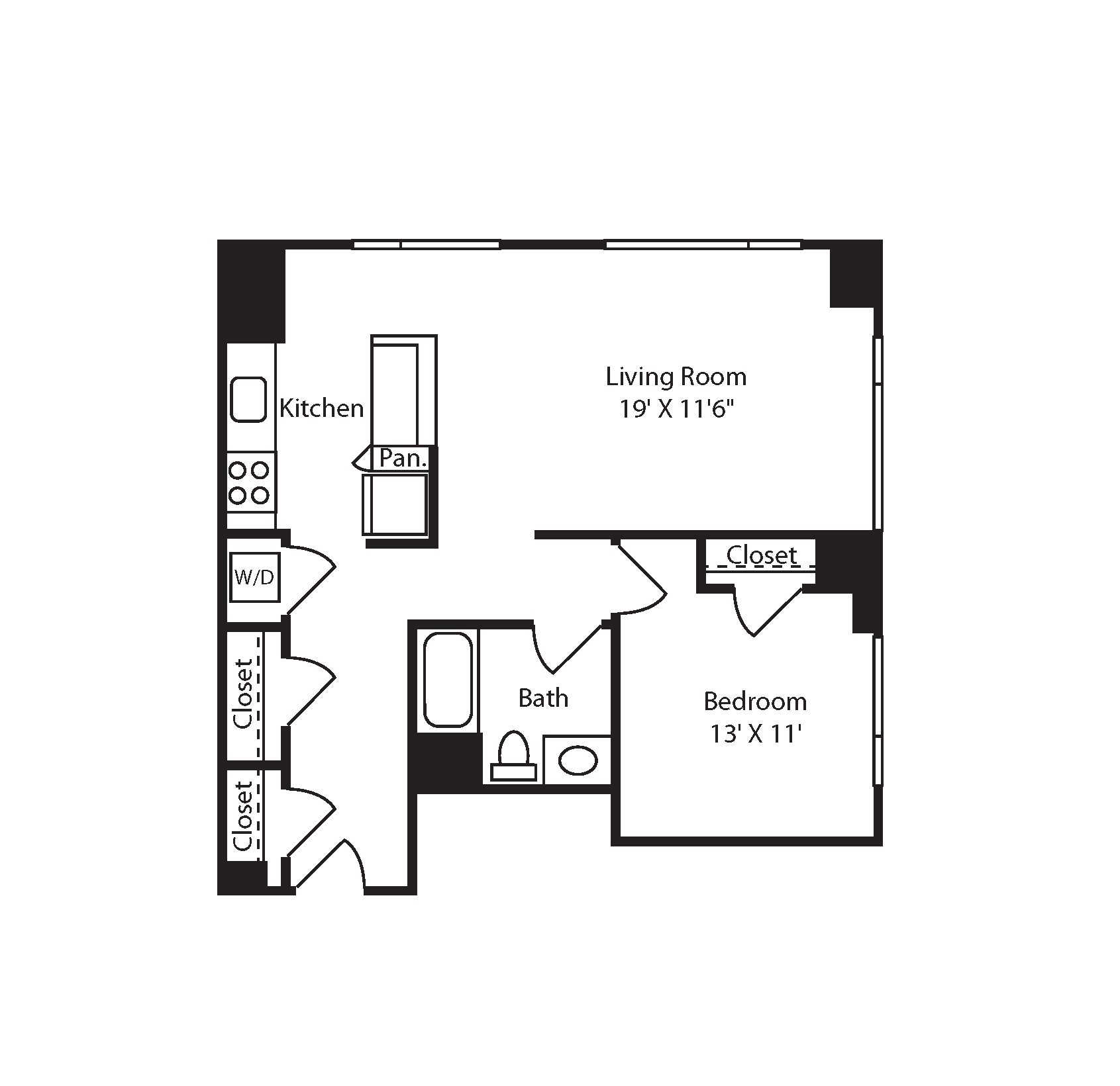 Floor plan for 1 bed, 1 bath, 818 sqft